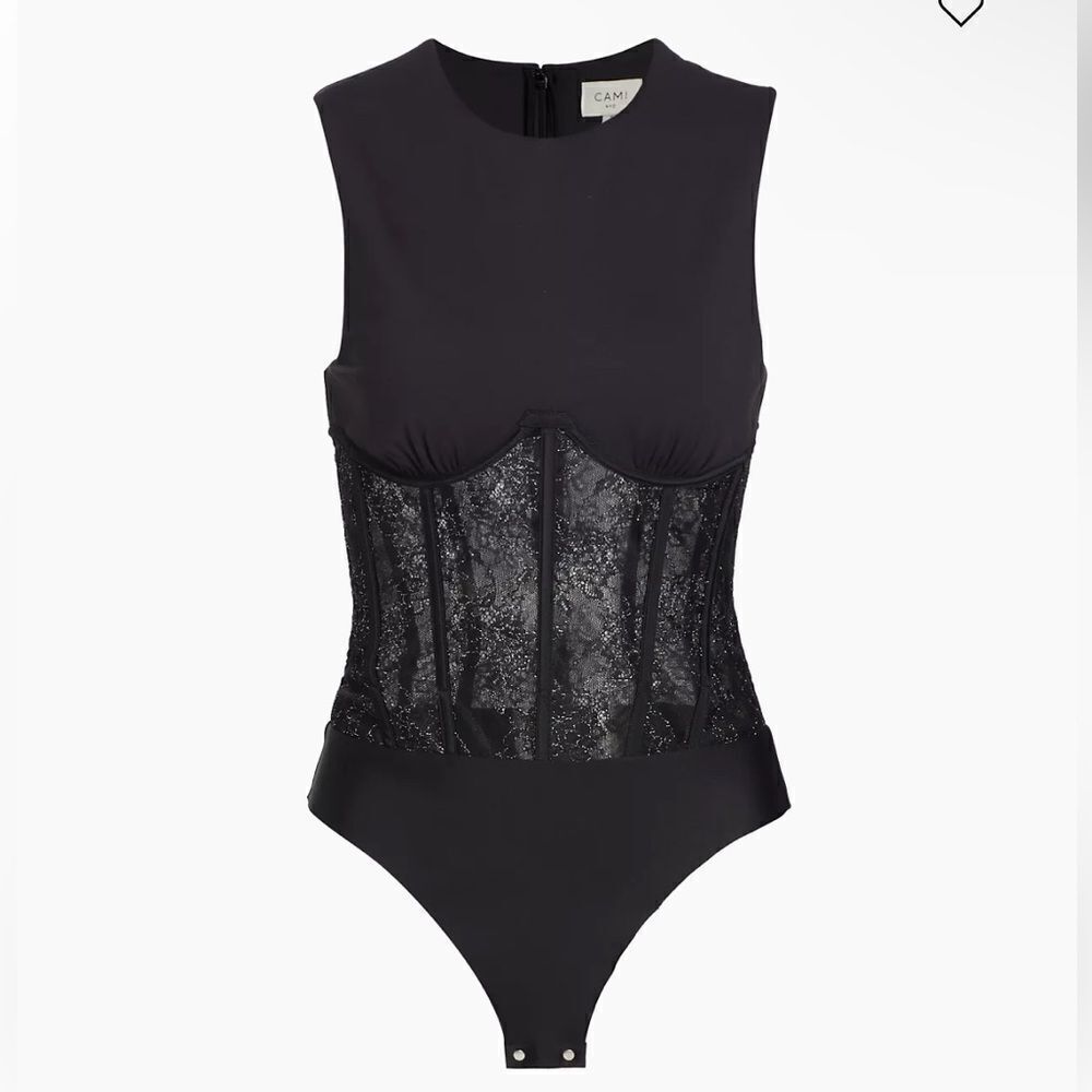 Cami Nyc Yazia Semi-Sheer Lace-Trim Bodysuit Corset Bustier Black Revolve 12